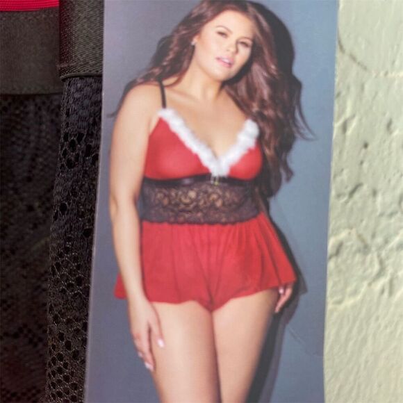 Coquette Women's Crotchless Teddy XL Red/White/Black Feather Trim Lace - Picture 2 of 11